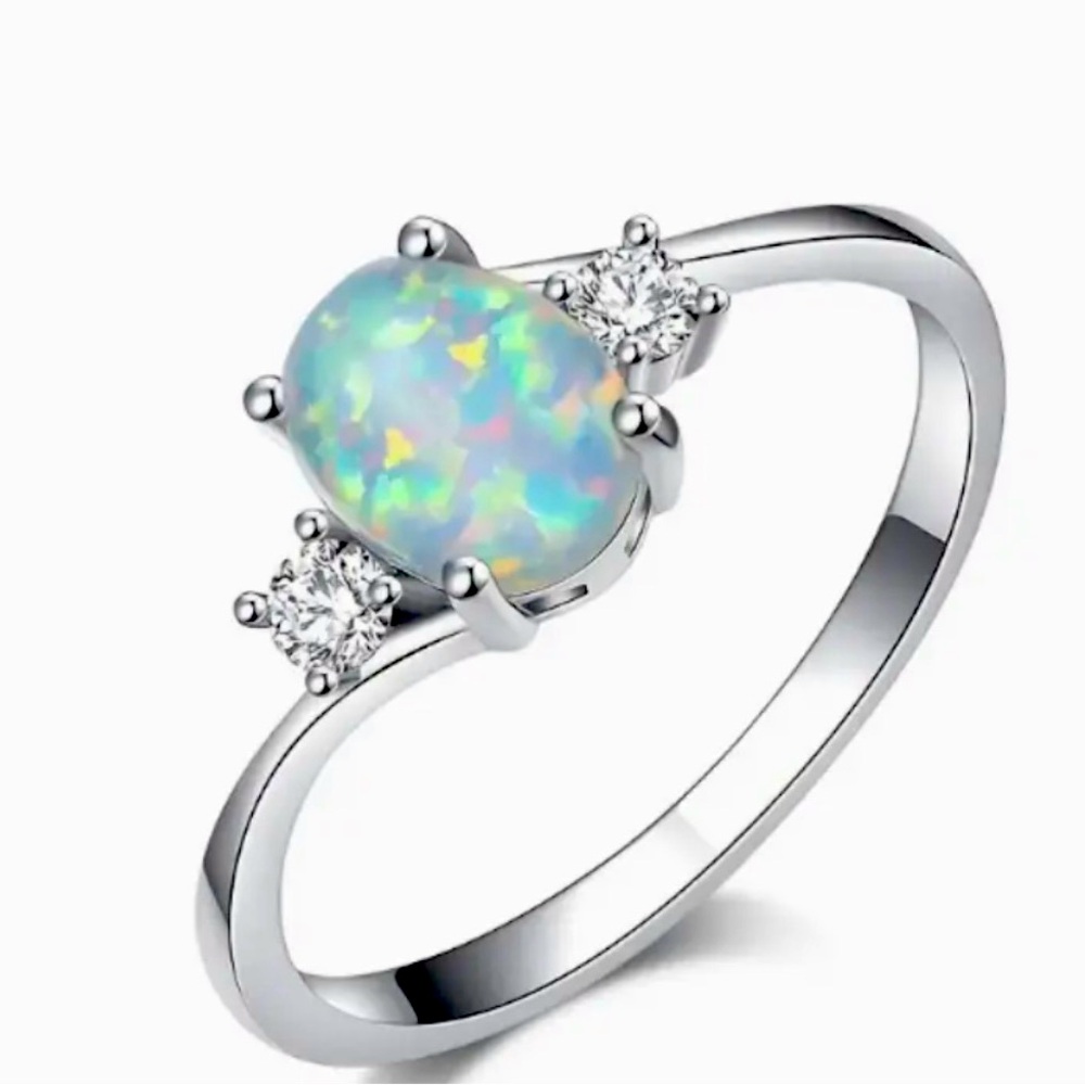 Elegant Opal And Cz Silver Ring Size 7 - Makes A Great Gift!